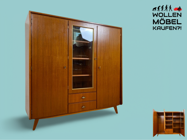 WMK I Stilvoller Mid-Century Schrank aus vollem Holz mit Schubladen & Glastür I Kleiderschrank Wäscheschrank Highboard Vitrine Garderobe Dielenschrank Cabinet 50er 60er Vintage Frankfurt Bonn Dresden