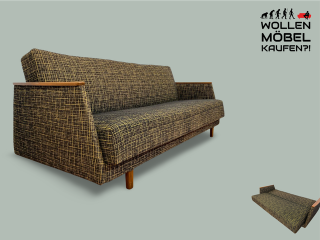 WMK I Formschönes Mid-Century Sofa mit Schlaffunktion, tollem Originalbezug, & Bettwäschefach I Couch Schlafsofa Schlafcouch Klappcouch Klappsofa Daybed Vintage 50er 60er I Berlin Koblenz Flensburg