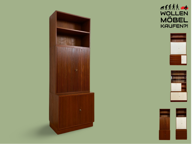 WMK # Hochwertiges und sehr gut erhaltenes modulares Mid-Century Highboard, aus vollem Holz in Teak # Schrank Bücherschrank Regalwand Schrankwand Barschrank Regal Kommode Sideboard Teakholz Vintage