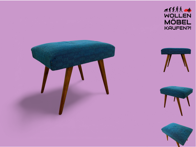 WMK # Sehr schöner und gut erhaltener Mid-Century Hocker mit konischen Füßen und blauem Originalbezug # Sitzhocker Fußhocker Schemel Taburett Sitz Bank Fußbank 50er 60er Vintage # Versand möglich