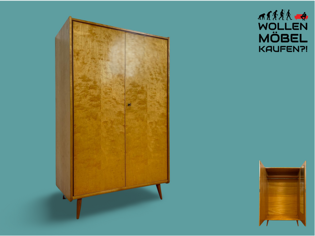 WMK # Hochwertiger und gut erhaltener Mid-Century Kleiderschrank von 1961, Vollholz in Birke, mit Kleiderstange # Schrank Schlafzimmerschrank Garderobe Wardrobe 60er DDR Vintage Berlin Hamburg Dresden
