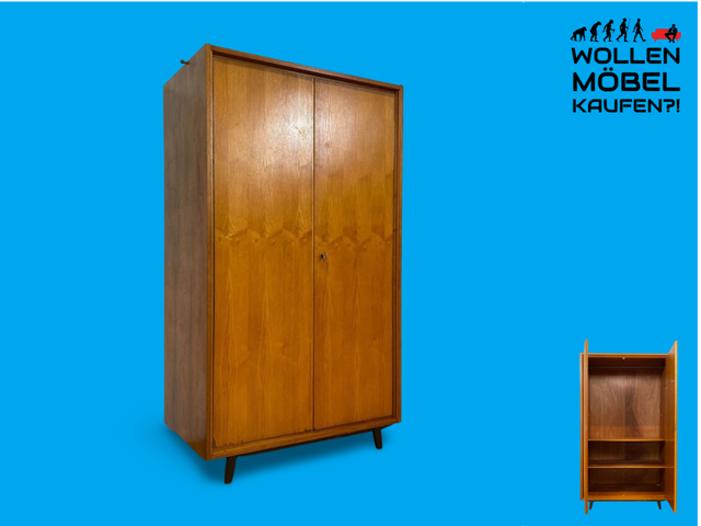 WMK Stilvoller und hochwertiger Mid-Century Kleiderschrank aus vollem Holz mit Kleiderstange und Regalböden # Schrank Schlafzimmerschrank Wardrobe Wäscheschrank Garderobe Flurschrank Vintage 50er 60er