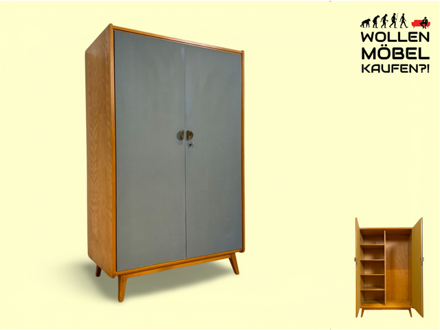 WMK # Seltener und gut erhaltener Mid-Century Kleiderschrank aus vollem Holz in Blau aus 1962, baugleich mit VEB Hellerau # Schrank Wäscheschrank Schlafzimmerschrank Wardrobe Vintage Esche DDR 60er