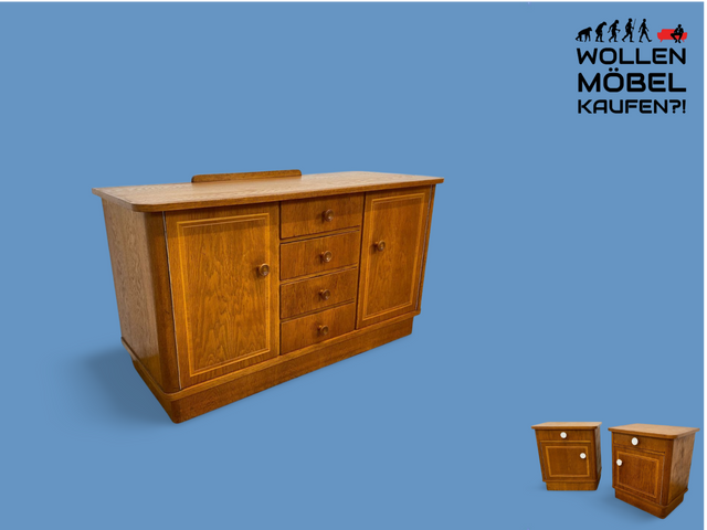 WMK # Pretty and well-preserved mid-century chest of drawers made of solid oak with drawers and attractive wooden handles # Sideboard, laundry chest, cupboard, sideboard, lowboard, TV lowboard, vintage 50s 60s