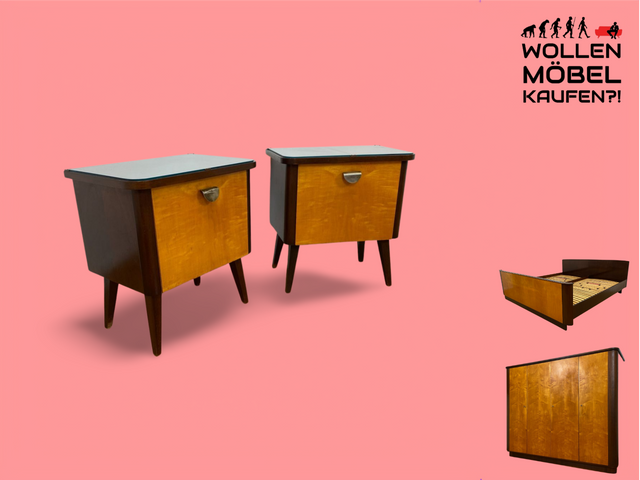 WMK # 1/2 Formschöner und gut erhaltener Mid-Century Nachttisch mit original Messinggriff & Glasauflage # Nachtschrank Nachtschränkchen Nachtkommode Beistelltisch Kommode Vintage 50er 60er Rockabilly