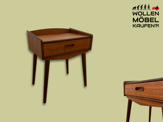 WMK I Stilvolles skandinavisches Mid-Century Schränkchen in Teakholz mit Schublade & formschönem Holzgriff I Kommode Nacht Tisch Schrank Beistelltisch Ablage Danish Design Vintage Berlin Bremen Aachen