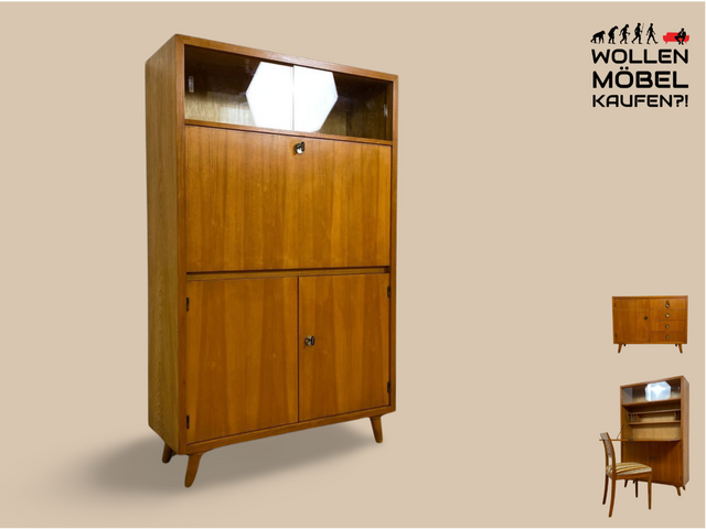 WMK Hochwertiger & gut erhaltener Mid-Century Schreibschrank aus vollem Holz mit aufklappbarer Schreibplatte & Vitrine # Sekretär Highboard Schrank Schreibtisch Bücherschrank Desk Kommode Vintage 60er