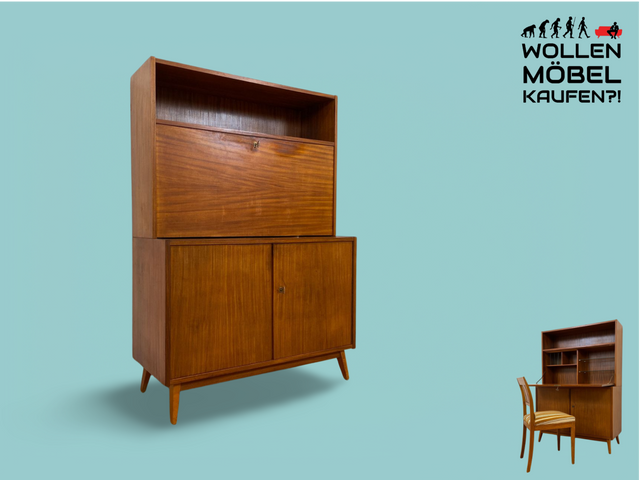 WMK # Stilvoller und sehr gut erhaltener Mid-Century Schreibschrank aus vollem Holz mit Regal und konischen Füßen, DDR, 1963 # Schrank Highboard Sekretär Barschrank Bar Kommode Sideboard Vintage 60er
