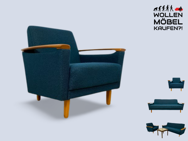 WMK I Stilvoller Mid-Century Sessel in petrol blauem Originalbezug mit Holz Armlehnen I Clubsessel Loungesessel Lesesessel Armchair Chair Sitzgarnitur Retro Vintage 50er 60er Berlin Hamburg München
