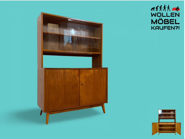 WMK # Hübsche und vielfach einsetzbare Mid-Century Vitrine aus 1964, Vollholz mit Glasschiebetüren # Highboard Wohnzimmerschrank Glasvitrine Büchervitrine Bücherschrank Kommode Regal Vintage Retro DDR