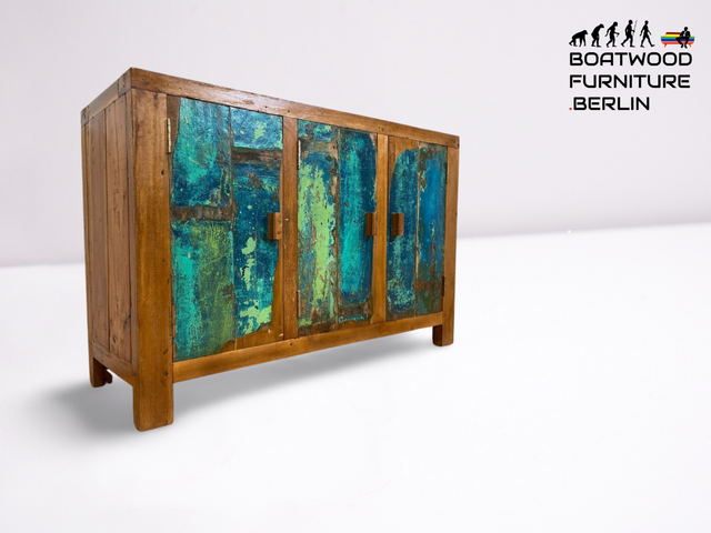 Boatwood by WMK I Einzigartiges nachhaltiges Sideboard aus altem Bootsholz, ein handgefertigtes Unikat aus massivem Teakholz I Kommode Schrank TV-Lowboard Anrichte Schuhkommode Schuhschrank Bootsmöbel