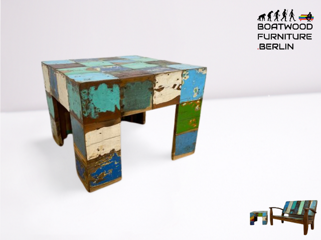 Boatwood by WMK I 100% nachhaltiger Couchtisch aus altem Bootsholz I handgefertigt aus Teakholz massiv I für In & Outdoor I bunter Wohnzimmertisch Beistelltisch Sofatisch Coffee Table Würfel Treibholz (Kopie)