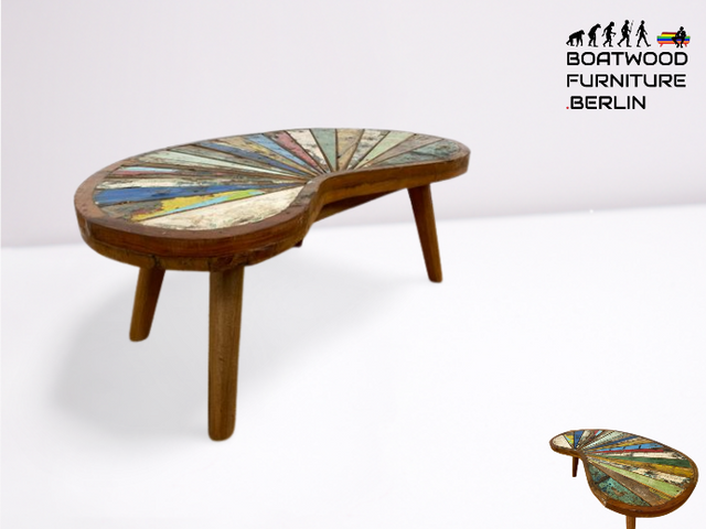 Boatwood by WMK I Einzigartiger bunter Nierentisch aus altem Bootsholz I ein handmade Unikat aus massivem Teakholz in Originalfarben I Couchtisch Wohnzimmertisch Coffee Table Berlin Hamburg Duisburg