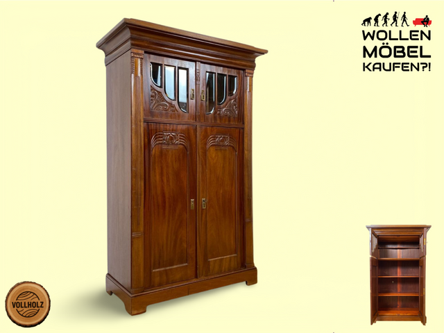 WMK I Vornehmes nordisches antikes Vertiko aus Mahagoni mit facettiertem Glas, handverziert I Schrank Kleiderschrank Wäscheschrank Bücher Vitrine Highboard Geschirrschrank Jugendstil Vintage Berlin