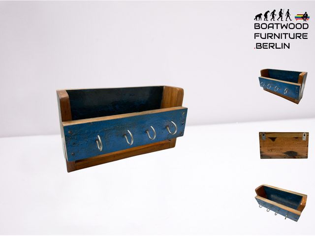 Boatwood by WMK # Nachhaltiger Schlüsselwandkasten in Blau mit 4 Haken, ein aus altem Bootsholz handgefertigtes Unikat aus massivem Teakholz # Schlüsselbrett Schlüsselkasten Hakenleiste Handtuchhalter