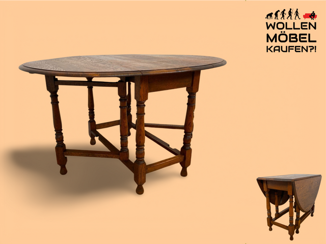WMK # Schöner ovaler antiker Klapptisch aus Dänemark, aus massiver Eiche, sehr praktisch und gut erhalten I niedriger Esstisch Salontisch Beistelltisch Konsole Spieletisch Table Vintage Berlin Bremen