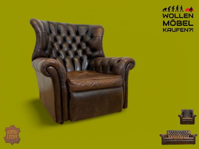 WMK I Charaktervoller orig. Englischer Chesterfield Wing Chair mit handgeknöpftem gestepptem Echt Leder Bezug und perfekter Patina I Sessel Ohrensessel Armchair Lesesessel Sitzgarnitur Leather Vintage