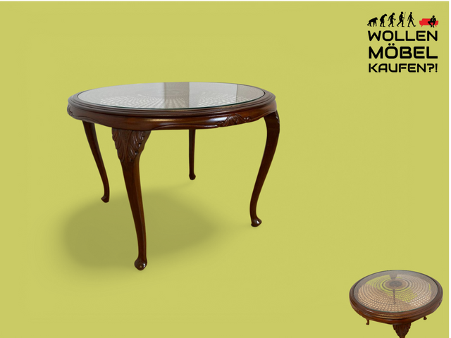 WMK # Wunderschöner und sehr gut erhaltener runder 60er Jahre Chippendale Couchtisch mit Glasplatte und feinem Wiener Sonnengeflecht # Wohnzimmertisch Glastisch Coffee Table Geflecht Vintage Stilmöbel