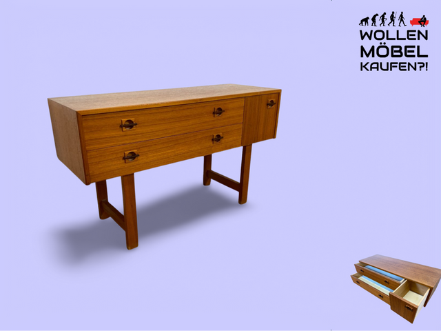 WMK I Stilvolles kleines skandinavisches Lowboard in Teakholz, mit Schubladen und Holzgriffen I Kommode TV Board Bank Fernsehkommode Sideboard Danisch Design Vintage Mid-Century Berlin Bayern Hamburg