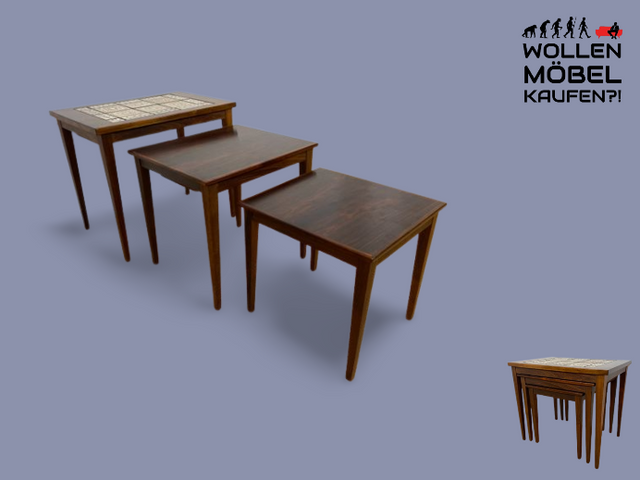 WMK Hochwertiger skandinavischer Mid-Century 3-in-1 Satztisch aus Palisander mit kunstvollen Fliesen I Couchtisch Tisch Beistellt Fliesen Nesting Coffee Table Vintage Danish Design Rosewood Berlin Ulm