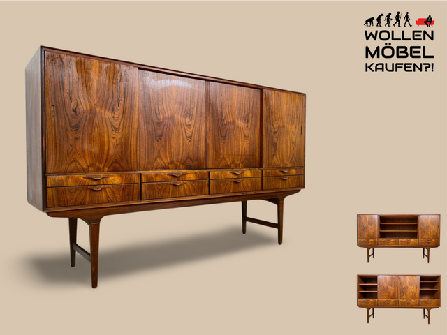 WMK Hochwertiges skandinavisches Mid-Century Highboard aus vollem Holz im seltenem Rio Palisander mit Schiebetüren und Schubladen I Sideboard Schrank Cabinet Danish Design 60er Rosewood Berlin Hamburg