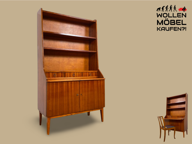 WMK I Hochwertiger skandinavischer Mid-Century Bücherschrank aus vollem Holz mit ausziehbarer Schreibplatte I Sekretär Desk Schreibtisch Bücherregal Regal Highboard Kommode Vintage Berlin Köln Bremen