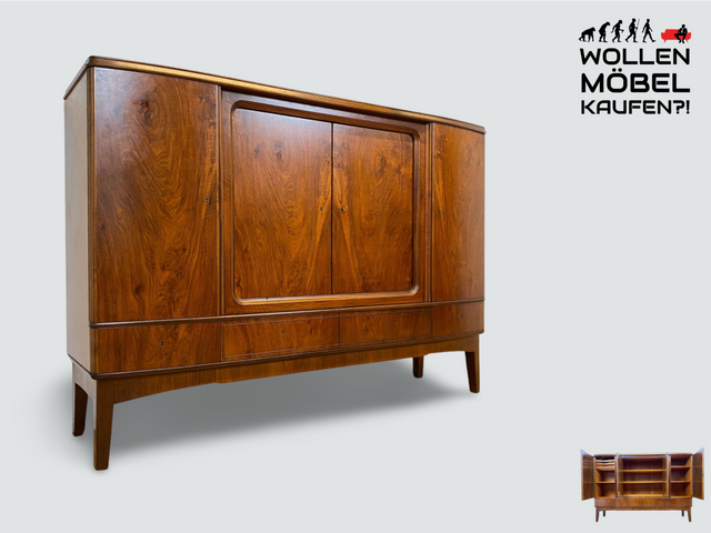 WMK I Formschönes skandinavisches 50er Jahre Highboard aus vollem Holz in edlem Walnuss mit Schubladen I Schrank Sideboard Anrichte Cabinet Danisch Design Mid-Century Vintage Berlin Dresden Frankfurt