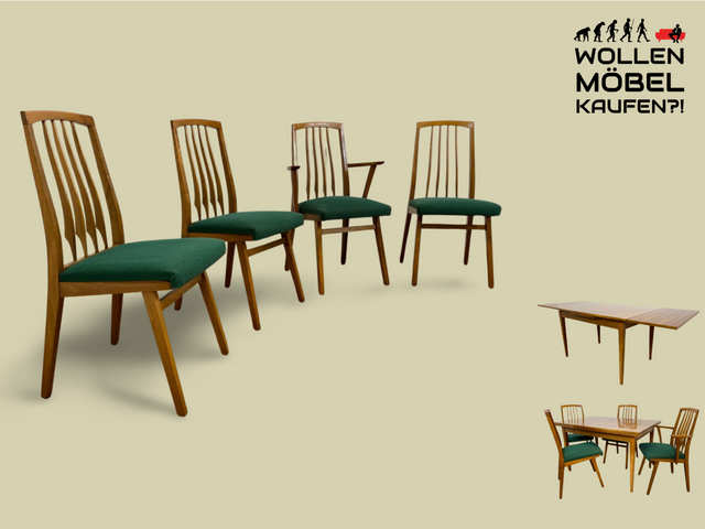WMK I Set aus 4 sehr schönen Mid-Century Esszimmerstühlen mit Sprossen & grünem Originalbezug, bau ähnlich mit Casala I Stühle Küchenstühle Dining Chairs Tisch Vintage 50er 60er Berlin Hamburg München