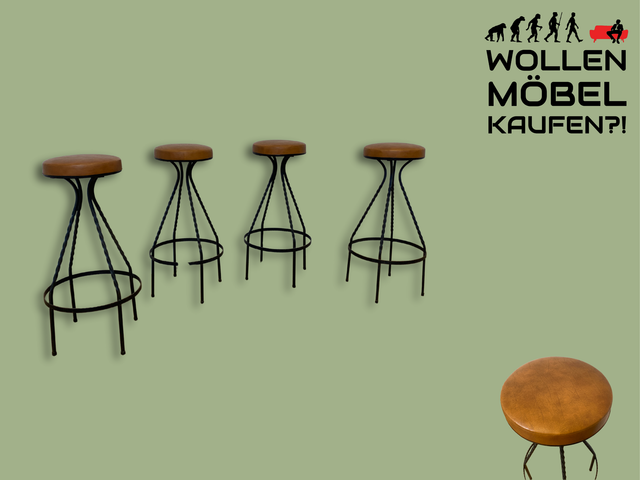 WMK I Set aus 4 sehr schönen Vintage Barhockern aus Metall mit cognacfarbenem Kunstleder Sitz I Bar Stuhl Hocker Sitzhocker Hausbar Metallhocker Lederhocker Gastro Industrial Stool Berlin Hamburg Köln