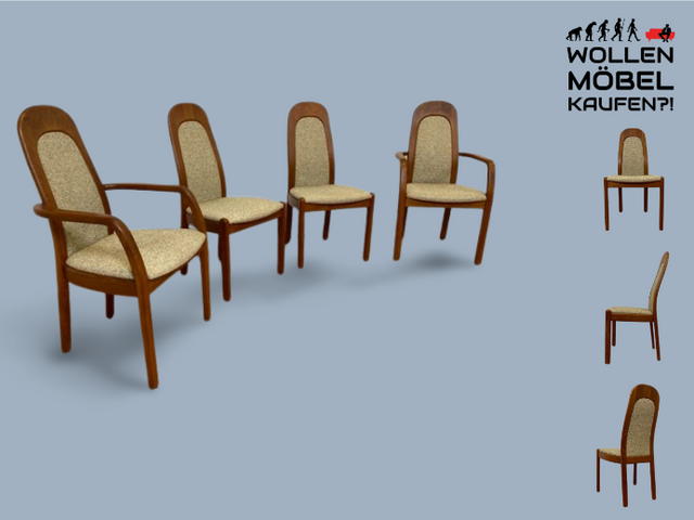 WMK I Set aus 4 hochwertigen skandinavischen Designer Stühlen I Holstebro Møbelfabrik I Teakholz I naturbeiger Originalbezug I Dining Chairs Armlehnen Esszimmer Danish Design Mid-Century Vintage Teak