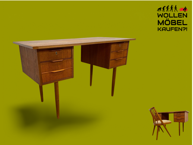 WMK # Stilvoller und sehr gut erhaltener kleiner skandinavischer Mid-Century Schreibtisch in Teakholz mit Schubladen & formschönen Holzgriffen # Bürotisch Desk Arbeitstisch Danisch Design Vintage Teak