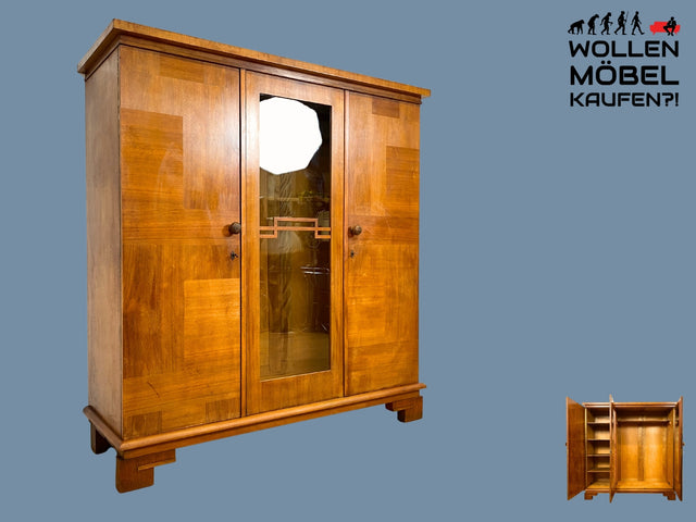 Besonders schöner 1930er Jahre Art Deco Kleiderschrank aus vollem Holz mit Glastür und Spiegel I Schrank Schlafzimmerschrank Wäscheschrank Wardrobe Antik Vintage I