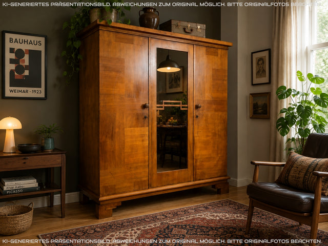 Besonders schöner 1930er Jahre Art Deco Kleiderschrank aus vollem Holz mit Glastür und Spiegel I Schrank Schlafzimmerschrank Wäscheschrank Wardrobe Antik Vintage I