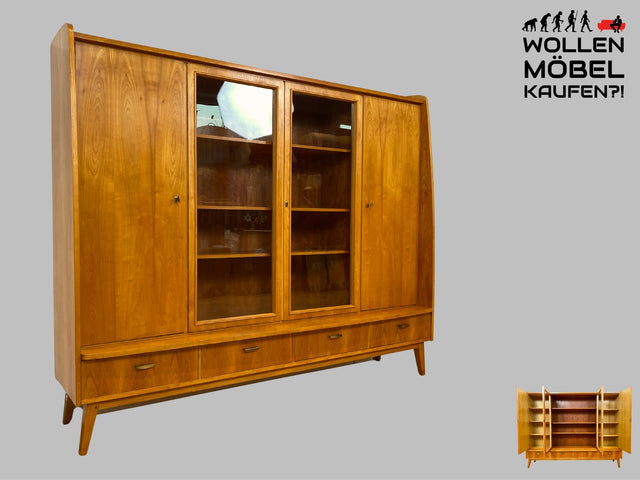 WMK I Stilvoller heller Mid-Century Wohnzimmerschrank mit Vitrine und Schubladen I Highboard Bücherschrank Büchervitrine Schrank Sideboard Glasvitrine 50er 60er Vintage I