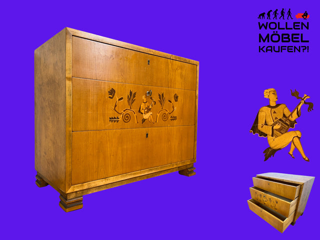 Besonders schöne helle skandinavische Art Deco Kommode aus vollem Holz mit Schubladen und Intarsien I Schubladenkommode Wäschekommode Sideboard Schrank Antik Vintage I