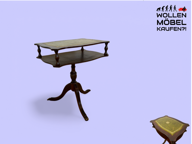 WMK # Kleiner und feiner Vintage Beistelltisch im englischem Stil, mit geprägter Kunstleder Einfassung, Zwischenablage & Messingbeschlägen # Telefontisch Blumentisch Tisch Ablage Couchtisch Stilmöbel