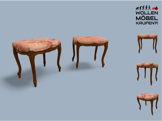 WMK # 1/2 Eleganter und gut erhaltener Vintage Hocker mit schönem Originalbezug und hübsch handverziert # Sitzhocker Fußhocker Schemel Taburett Pouf Sitz Bank Chippendale Stilmöbel # Versand möglich