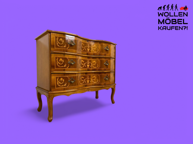 WMK # Elegante und gut erhaltene Vintage Kommode in Nussbaum mit Schubladen, kunstvollen Intarsien und Messingbeschlägen # Schubladenkommode Wäschekommode Flurkommode Sideboard Stilmöbel Barock Rokoko