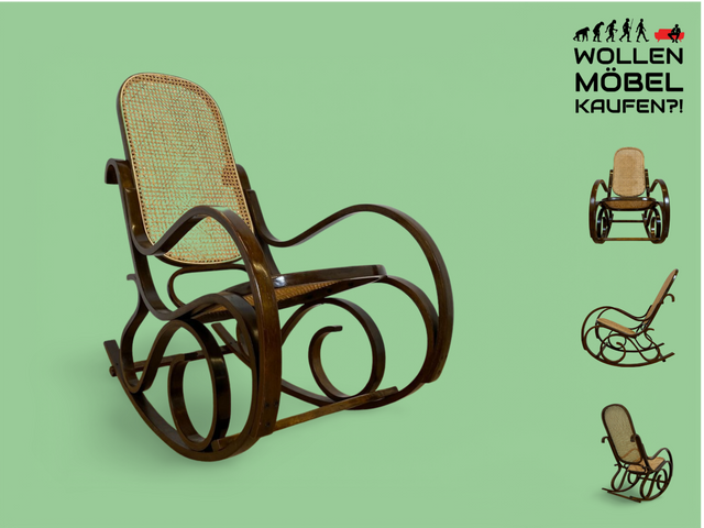 WMK # Kultiger und sehr gut erhaltener Vintage Schaukelstuhl im Stil von Thonet mit Bugholz Rahmen und Wiener Geflecht # Schaukelfauteuil Sessel Lesesessel Relaxsessel Rocking Chair Korbgeflecht Retro