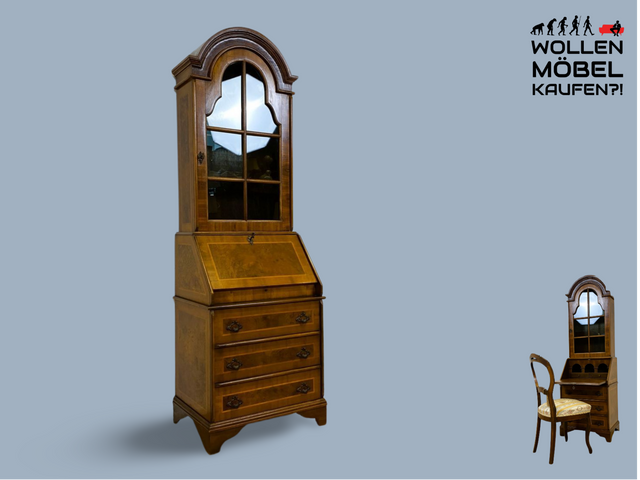 WMK # Hochwertiger Vintage Schreibschrank in antikem Stil mit Vitrinen Aufsatz und Messingbeschlägen # Sekretär Desk Schreibtisch Bücherschrank Büchervitrine Kommode Wohnzimmerschrank Stilmöbel