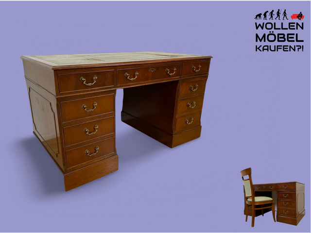 WMK # Vornehmer Vintage Schreibtisch im antiken englischem Stil aus vollem Holz in Mahagoni mit geprägter Lederauflage # Bürotisch Arbeitstisch Sekretär Cheftisch Pedestal Desk Kolonial Regency Berlin