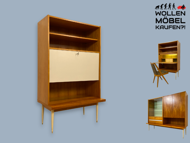 WMK I Besonders schöner heller Mid-Century Schreibschrank mit Beleuchtung
