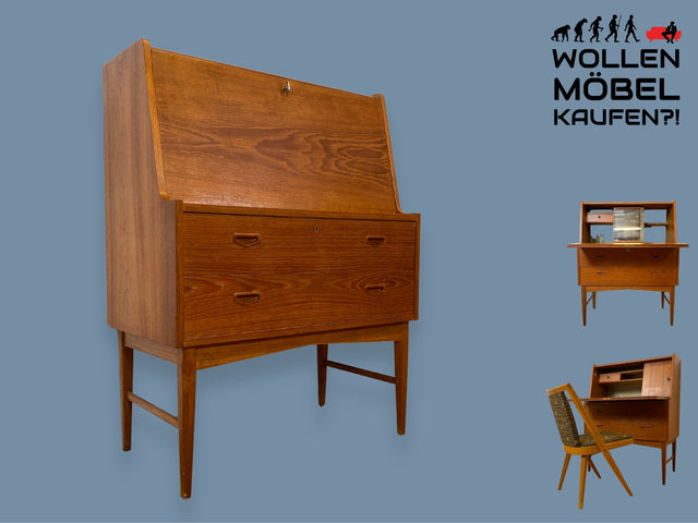 WMK I Stilvoller skandinavischer Mid-century Sekretär in Teakholz mit ausklappbarem Spiegel I Schminkkommode Schminktisch Schreibtisch Schreibkommode Kommode Danish Design Vintage Berlin Nürnberg Köln