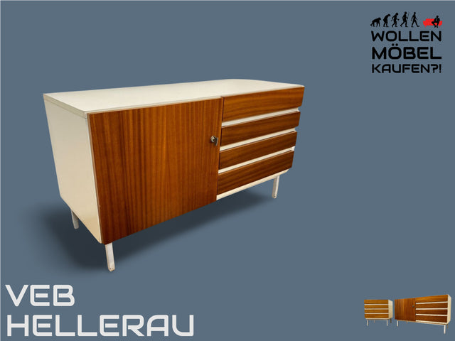 WMK I Seltenes weißes Sideboard Modell 800 von VEB Hellerau aus 1969 mit Schubladen & Metallfüßen I Kommode Schrank Lowboard TV Bank Fernseh Schuh Wäsche Schubladen DDR 70er Vintage Berlin Bochum Köln