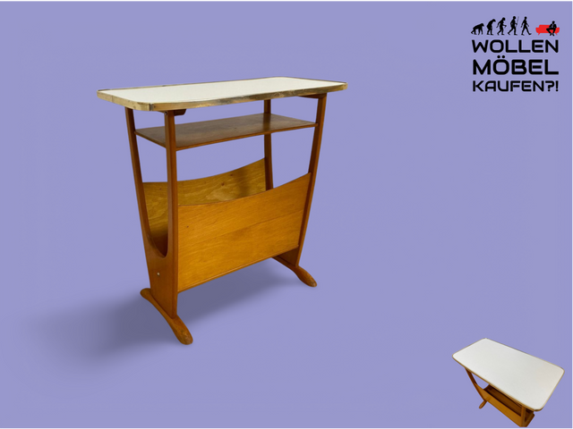 WMK # Sehr schöner 50er Jahre Zeitungstisch auf Rollen mit pflegeleichter Resopal Oberfläche # Beistelltisch Servierwagen Zeitungshalter Zeitungsständer Zeitschriftenständer Ablage Vintage Mid-Century