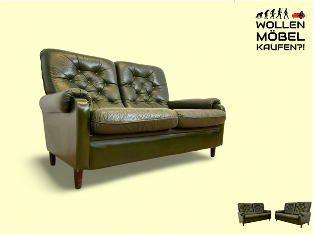 WMK # Stylish &amp; extremely comfortable Scandinavian leather sofa with quilted genuine leather cover in green with a characteristic aged patina # 2-seater sofa couch leather couch 2-seater Chesterfield leather vintage