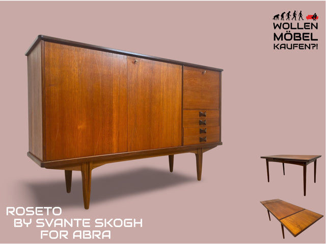 WMK # Skandinavisches Mid-Century Designer Highboard "Roseto" by Svante Skogh for Abra, Vollholz in Teak, mit Schubladen & Bar # Sideboard Schrank Barschrank Kommode Danish Design Vintage Teak 60er