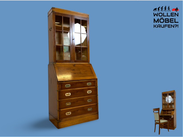 WMK # Hochwertiger Vintage Schreibschrank in antikem Englischen Stil mit Vitrinen Aufsatz und Messingbeschlag # Sekretär Desk Schreibtisch Bücherschrank Büchervitrine Kommode Regency Empire Stilmöbel