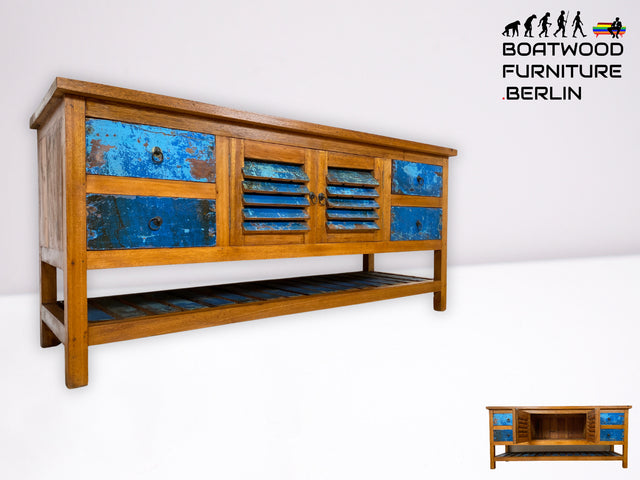 Formschöner und nachhaltiger Couchtisch handgefertigt aus altem Bootsholz in Originalfarben I Teakholz massiv I Wohnzimmertisch Nierentisch Kiddney Coffee Table I