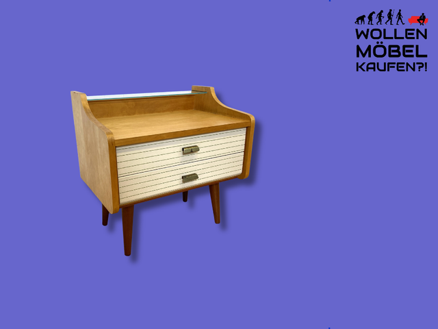 WMK I Formschöner heller Mid-Century Nachttisch mit Schubladen und konischen Füßen I Nachtschrank Nachtschränkchen Nachtkommode Kommode Beistelltisch Ablage Vintage 50er 60er I Berlin Köln Bayern